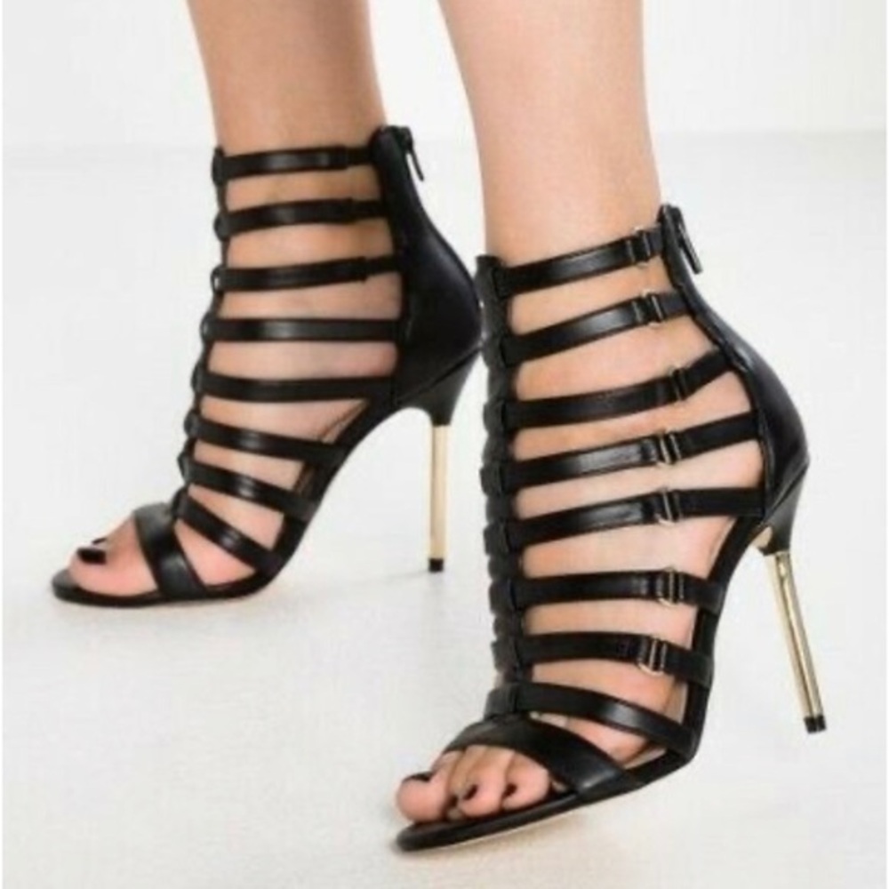 Michael Kors Blaze Black Patent Leather Open Toe Bootie Sandal Heels size 6.5